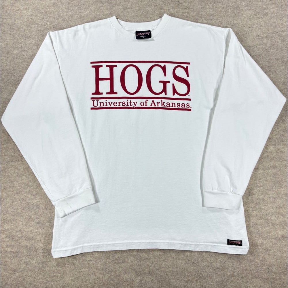 Vintage JanSport Arkansas Razorbacks Hogs Long Sleeve Shirt White Mens L USA